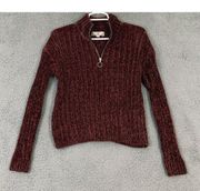 Pink Rose Women's Small  Cropped Sweater Chenille Burgundy 1/4 Zip