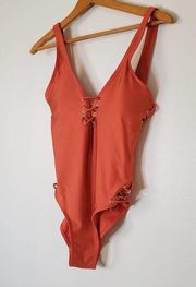 TiniBikini High-cut Plunging Neckline Lace Up One Piece Swimsuit Size Large