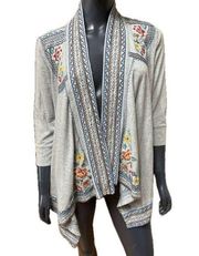 Johnny Was Gray Knit Drape Open Cardigan Floral Embroidered Design Sz X-Small