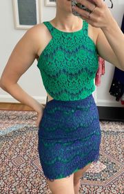 Green and Blue Lace Cutout Mini Dress