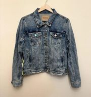 Blank NYC Denim Jacket Womens Size M Distressed Neon Zipper Chic Boho Minimalist