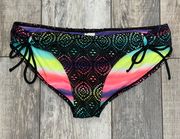 Black Crochet Lace Over Rainbow Colored Fabric Swim Bottoms Only Size Large
