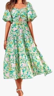 Women Summer Dresses 2024 Casual Flowy Beach Square Neck Puff Short Sleeve Smocked Back Boho Floral Long Maxi Dress