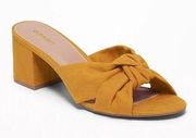 Yellow Faux-Suede Knotted Block-Heel Mules