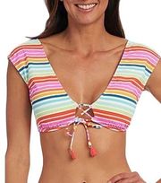 Decree Striped Lace Up Bralette Bikini Top Swimsuit Wide Strap Multicolored Sz M