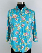 Jones New York Womens Petite PP Cotton Blue Pink Yellow White Floral Shirt