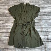 Mine Women's Olive Green Button Up Tunic Shirt Dress S SM Small Bow Tie Cinch
