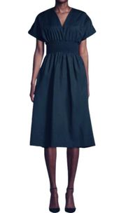 New Love Ady V-Neck Short Sleeve Smocked Waist Midi Dress Navy