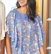 MATILDA Jane Flutter Sleeve Be Here Now Top Blue Floral Lace size large