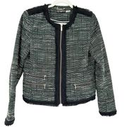 Karl Lagerfeld Womens Zip Front Tweed Fringe Trim Blazer Coat Size 8 Green Black