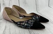 Anthropologie Black Pink D'Orsay Tweed Pointed Toe Leather Flats Shoes Size 6