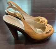 $495  Slingback Peeptoe Wood Wedge Heels in Tan Sz 8