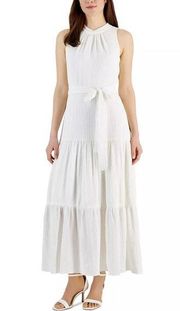 Anne Klein Tie-Neck Tiered Sleeveless Maxi Dress, Size 12 Bright White New w/Tag