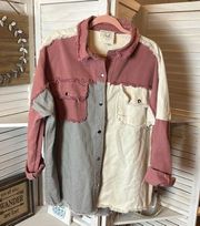 Fantastic Fawn Color Block Distressed 100% Cotton Button Up Shirt