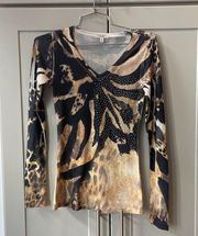 Y2K Cache Animal Print Rhinestone Longsleeve Knit Sweter Top XS Boho Cheetah