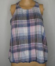 Cloth & Stone Linen Plaid Fringe Swing Tank Top Sm