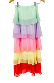 NEW Olivia Rubin Elodie Maxi Skirt Tiered Rainbow 100% Silk Ruffle High Waisted