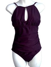 Ellen Tracy One Piece Keyhole Front Ruching High Neck Swimsuit Small