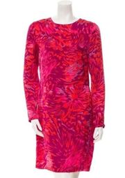 Adam Lippes silk dress tropical print long sleeve abstract red purple size 0 euc