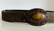 90s Calvin Klein Brown Genuine Leather Western Daisy Buckle Belt - XL