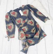 Rhode Piper  Blue Ebony Heart Print VNeck Long Puffed Sleeve Size Large NEW