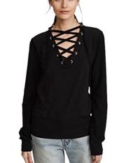 L’AGENCE Top Josilyn Lace Up Terry Sweatshirt Black Size Small