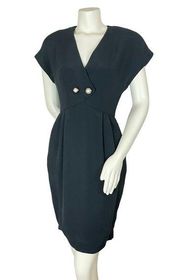 Vintage Sheath Dress Large‎ Buttons V-Neck 80s Retro Knee Length Short Sleeve