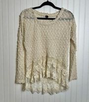 Sacred Threads Ivory Lace Stretchy Knit Long Sleeve Top Boho, Sheer