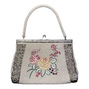 Silver Hand Sewn Pearl Beaded Floral Embroidered Hand Bag Kiss Clasp Metal Frame