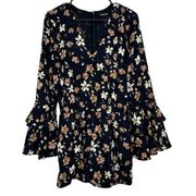 Sugar Lips Navy Blue Floral Long Bell Sleeve Boho Romper Size M