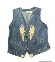 Vintage 90s Blue Jean Vest with Appliqués by Van Heusen -Size Small