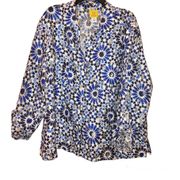 Woman Floral Button Front Linen Blend Blouse Blue 22W