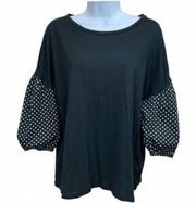 14th & Union Woman's Black T Shirt w/ Puff Sleeve Black & White Polka Dot Size L