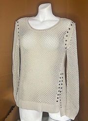 Rock and Republic Womens Sweater Size M Cream Studded Scoop Neck Long Sleeves