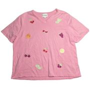 Vtg Y2K Breckenridge Bubblegum Pink Fruit Embroidered V-Neck Knit T-Shirt L