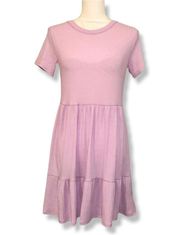 NWOT Pink Babydoll Ribbed Knit Dress Short Sleeve Tiered Skirt New