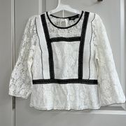 Alice blue Ivory Lace Blouse Top Shirt size XL black ribbon detail