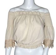 Revamped Shirt Womens XS Beige Bell Sleeve Lace Off The Shoulder Crop Neutral