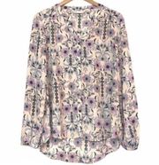 LC LAUREN CONRAD Peach Blue Purple Floral Long Sleeve Semi Sheer Button Down MED