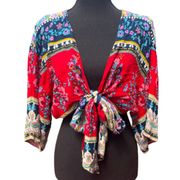 Patrons of Peace Multi-Way Kimono Sleeve Cropped Wrap Top / Shrug, M, Red Multi