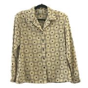 Notations Womens Geometric Cream & Black Button Down Blouse Size Small