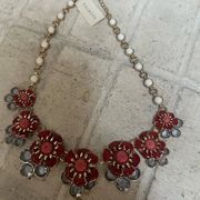 NEW Y2K TALBOTS  FLOWER STATEMENT NECKLACE GOLD TONE CORAL BLUE RHINESTONES