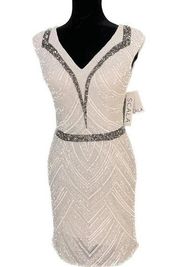 SCALA Dress Stunning Beaded Sleeveless Cocktail White / Pewter Sequins Women’s 4