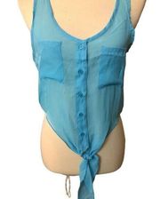 Wet Seal pale blue button down racer back sheer crop top tie front.