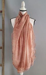Large Pink Sheer Lightweight Lace Scalloped Edged Scarf