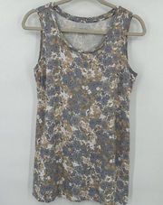 LOGO Lori Goldstein Gray Beige Floral Sleeveless Slub Knit Tank Top Size Medium