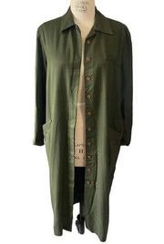 Vintage Nordstrom Brass Plum Olive Green Long Trench Coat Duster Size Medium