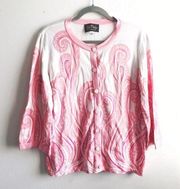 Bob Mackie Cardigan Pink & White Button Up Sweater Wearable Art Paisley Sz L EUC