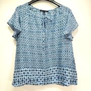 NEW Zac & Rachel Lightweight Blue Diamond Mixed Print Short Sleeve Blouse XL