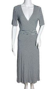 525 America Dress Women Medium Navy Blue White Stripe Wrap Midi Coastal Nautical